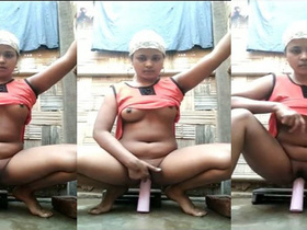 Naughty girl teases with her ass while sitting on a bottle