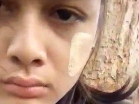 Outdoor sex with a hairy girlfriend and her wet pussy