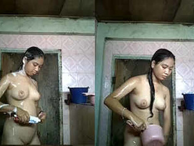 Indonesian babe takes a shower and masturbates