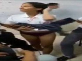 Schoolgirls with hairy pussy and hot ass strip and masturbate together